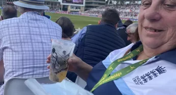 WATCH: New Zealand’s Daryl Mitchell hits a six that lands in a lady’s beer mug in the 2nd test vs England!