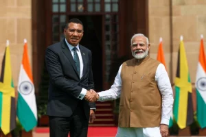 PM Modi meets Jamaican counterpart Andrew Holness at Hyderabad House in Delhi