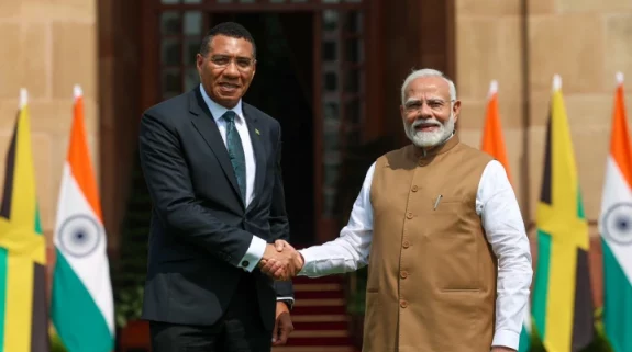 PM Modi meets Jamaican counterpart Andrew Holness at Hyderabad House in Delhi