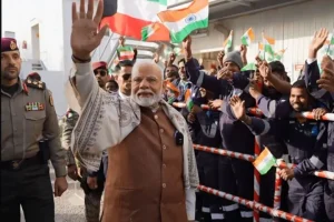 PM Modi interacts with Indian workers at Gulf Spic Labour Camp in Kuwait