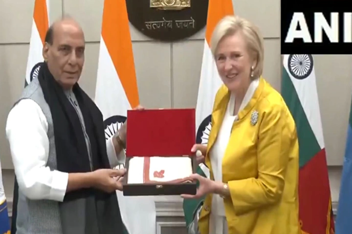 Union Defence Minister Rajnath Singh meets Princess Astrid of Belgium