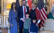 PM Narendra Modi with US Vice President JD Vance, his wife Usha Vance and their children in Paris
